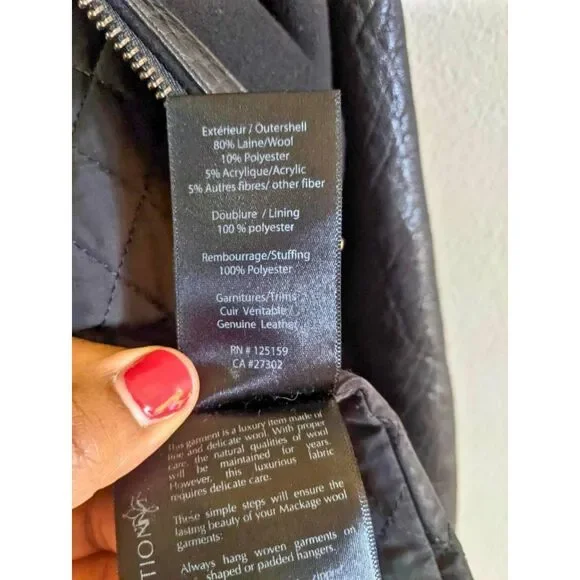 Mackage Moto Coat Jacket Women's Size XS Black Wool Leather Winter Quilted Chic